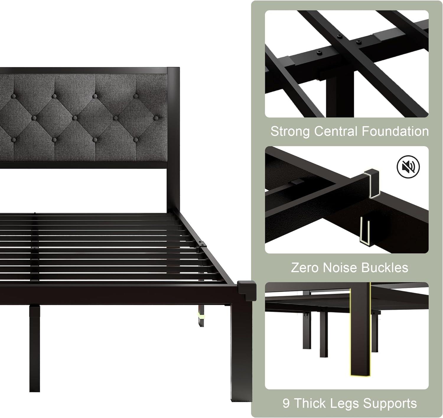 Black Twin Metal Bed Frame with Upholstered Headboard