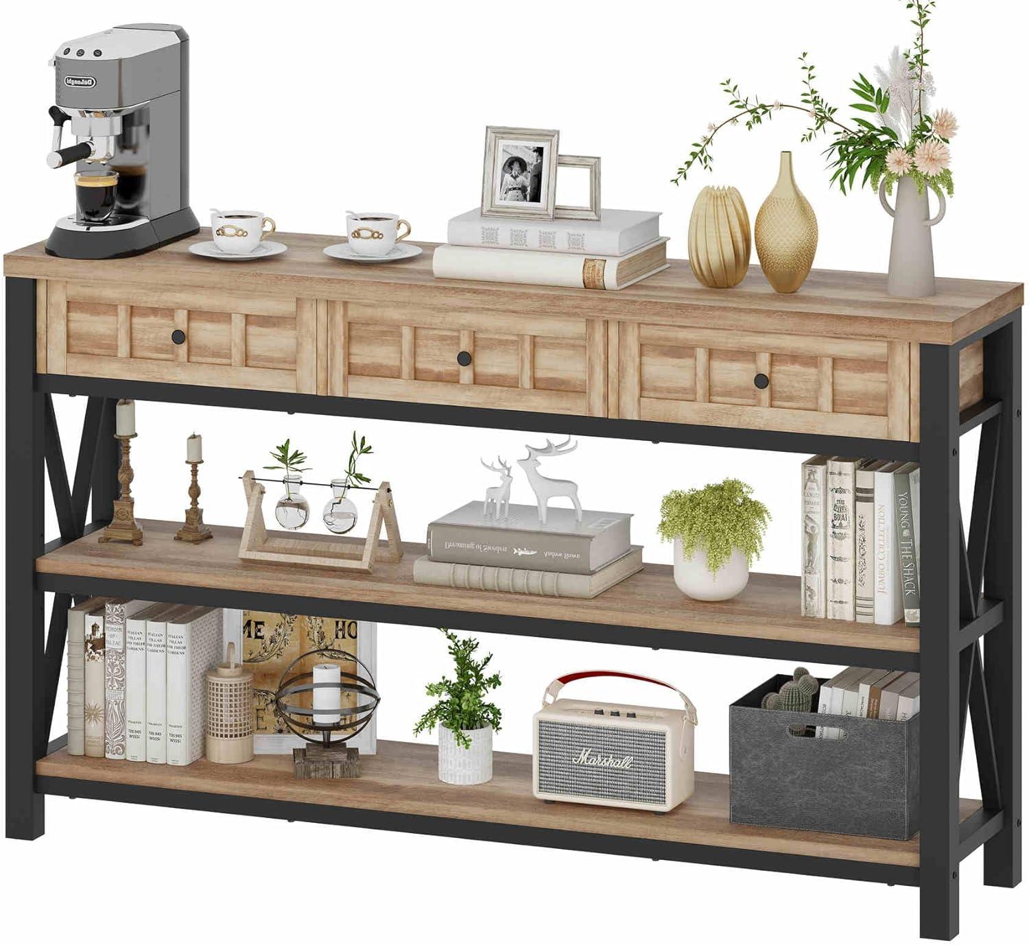 Industrial Rustic Oak Wood and Metal Console Table with Storage