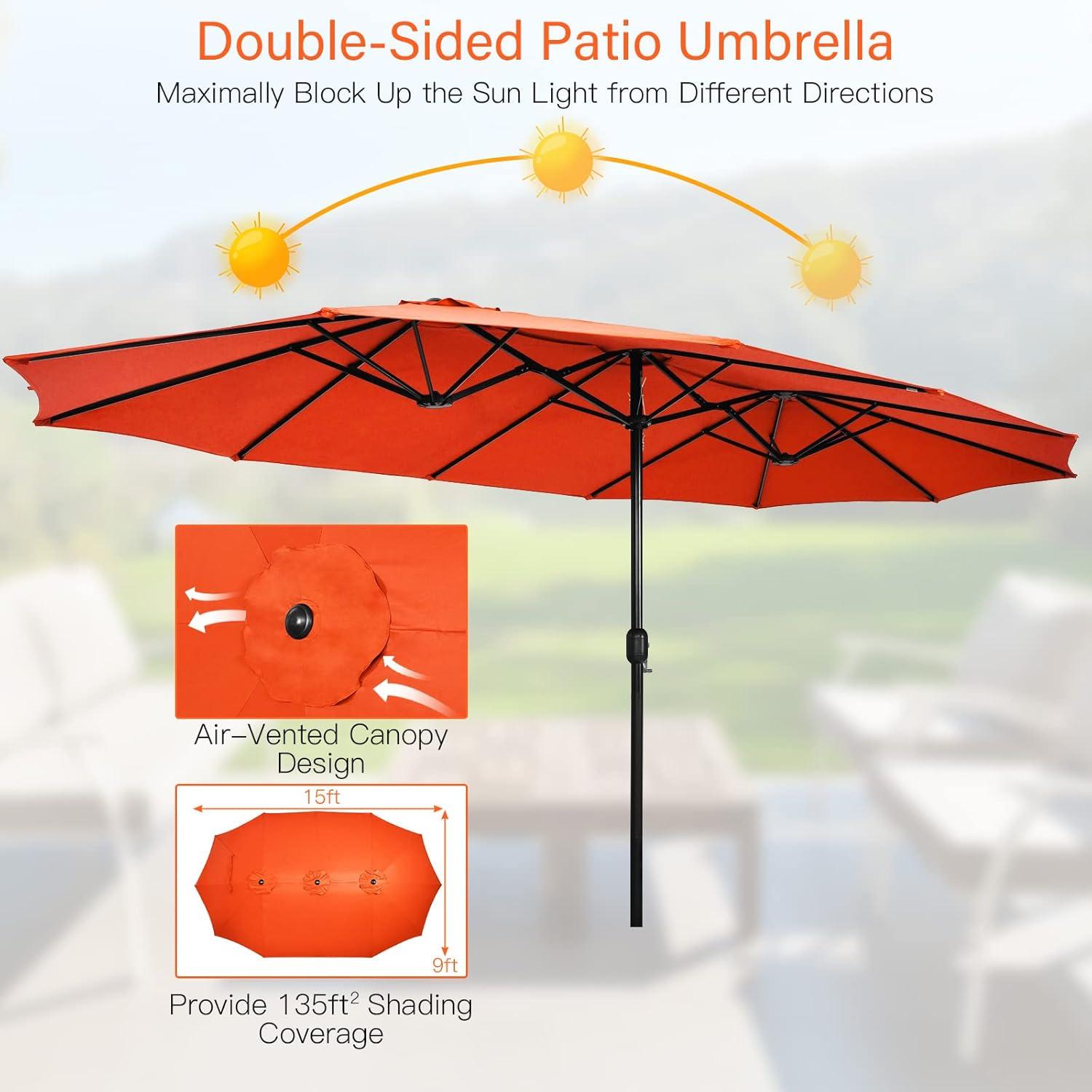 Tangkula 15Ft Double-Sided Patio Umbrella, Outdoor Extra Large Umbrella W/Hand-Crank System & Air Vents, Market Twin Umbrella W/ 12-Rib Sturdy Metal Frame for Poolside, Garden Backyard (Orange)