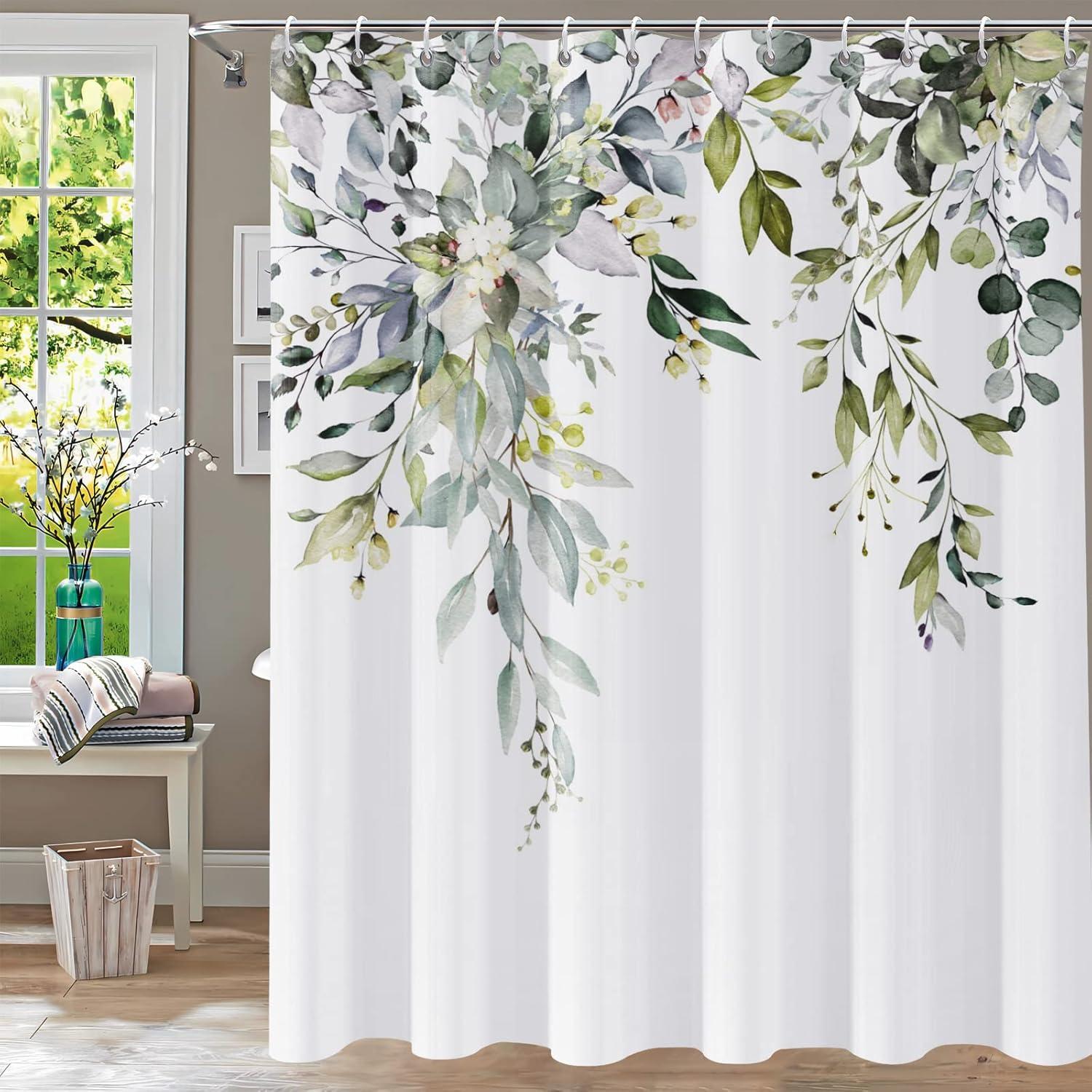 Eucalyptus Watercolor Leaves Semi-Sheer Waterproof Shower Curtain