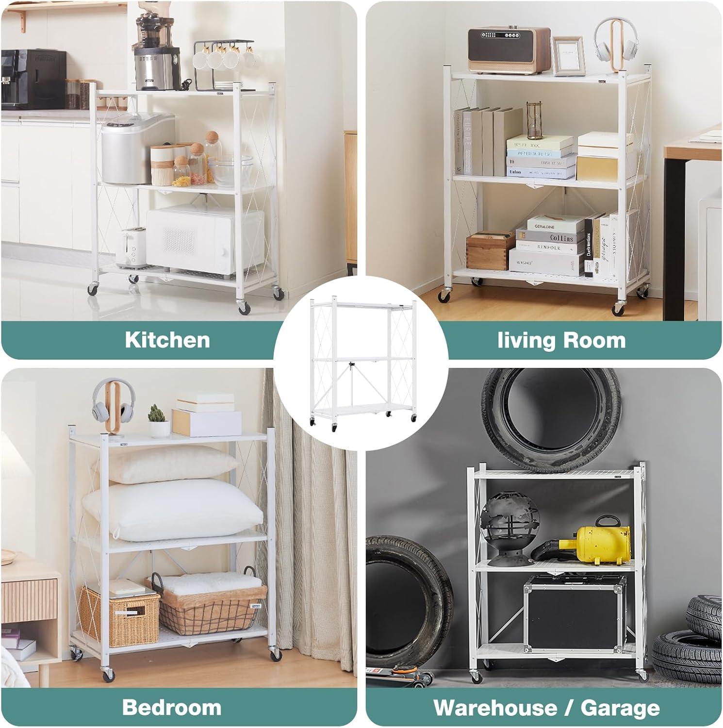 3-Tier Storage Shelves with Wheels, Folding Bookshelf No Assembly, Metal Display Shelf for Balcony, Kitchen, Basement, Pantry, White