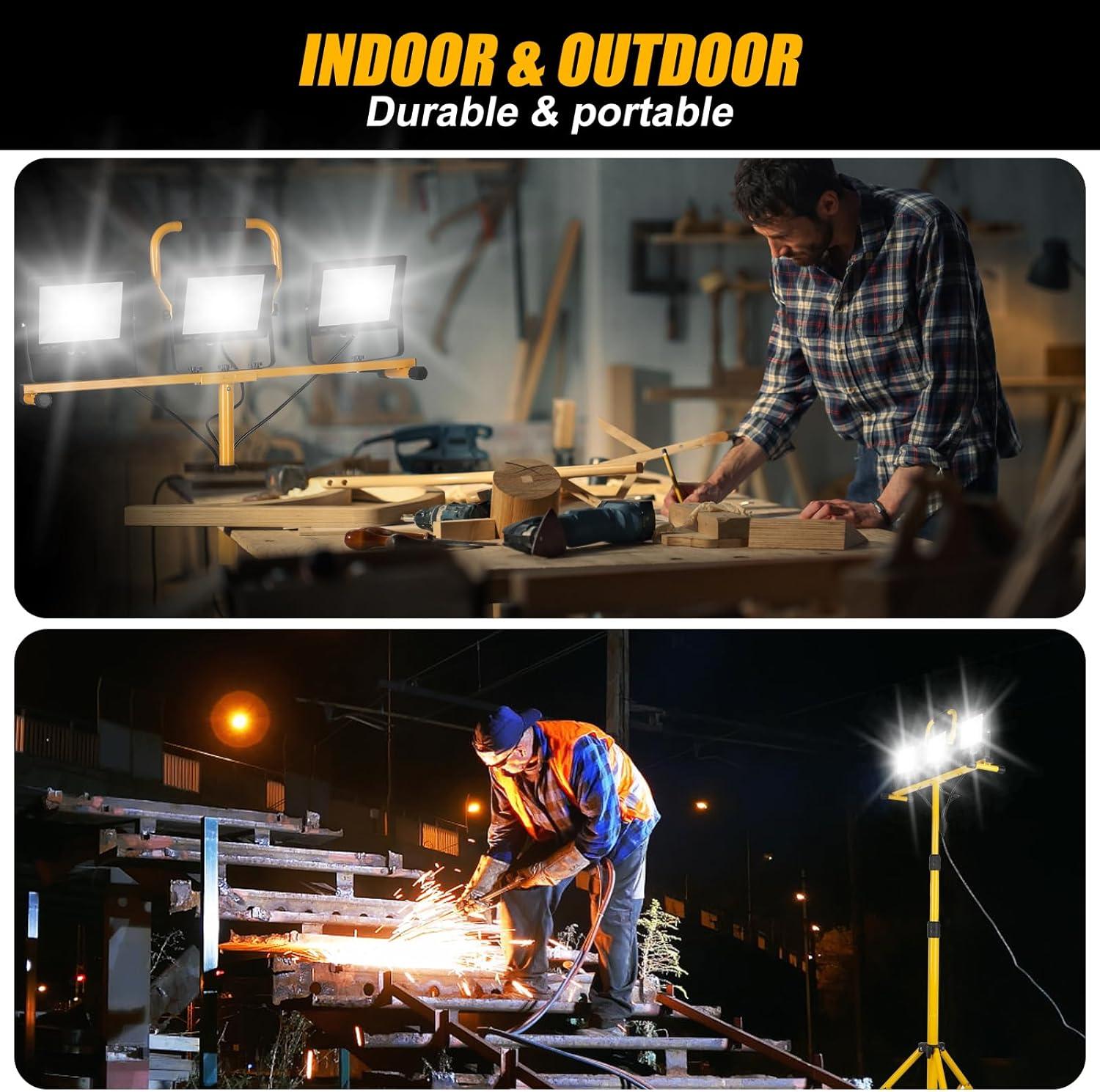 21000 Lumen Work Lights with Stand，3 Adjustable Head LED Work Light, with Adjustable and Foldable Tripod Stand, Waterproof Lamp with Individual Switch with 6500 Kelvin Color Temperature