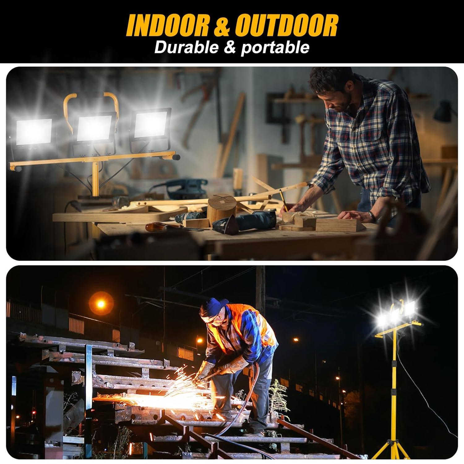 21000 Lumen Work Lights with Stand，3 Adjustable Head LED Work Light, with Adjustable and Foldable Tripod Stand, Waterproof Lamp with Individual Switch with 6500 Kelvin Color Temperature