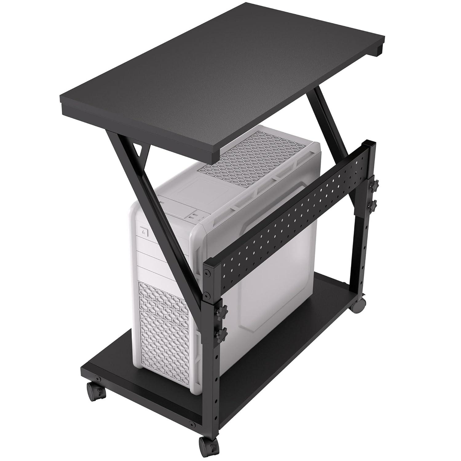 Computer Tower Cart - Height Adjustable PC Stand, 2-Tier ATX-Case CPU Holder Home Office Gaming Desk Accessories with Rolling Lockable Wheels, Laptop Table Standing Computer Desk, Rustic Black