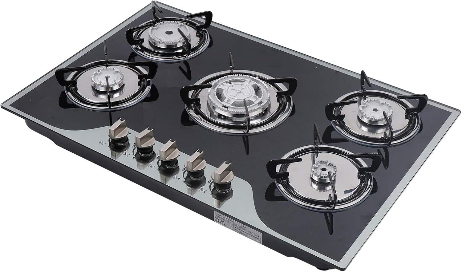 30"  Gas Stove Cooktop, 5 Burners Built-in Tempered Glass LPG/NG Stove with Flameout Protection for Kitchen Black