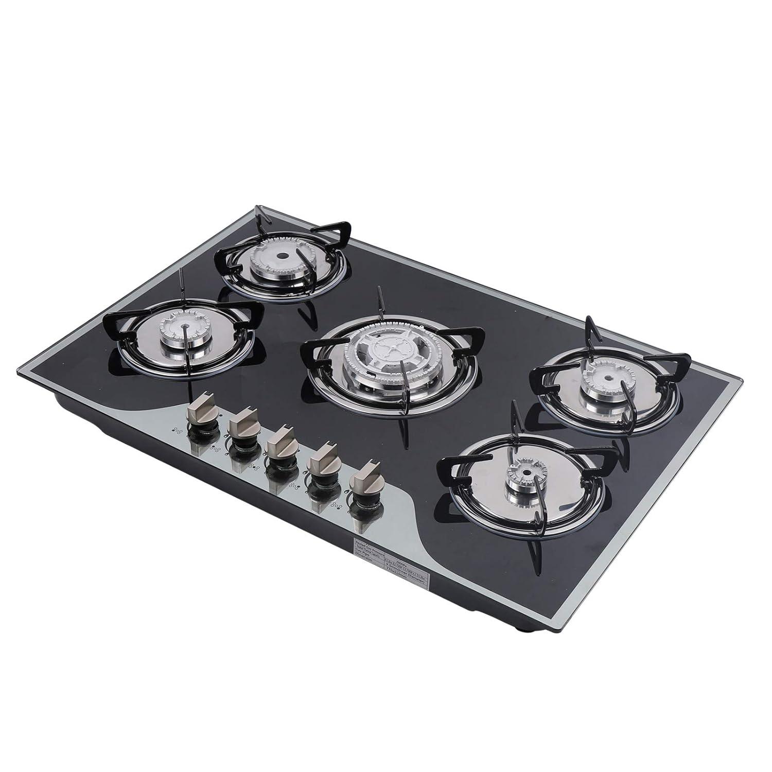 30"  Gas Stove Cooktop, 5 Burners Built-in Tempered Glass LPG/NG Stove with Flameout Protection for Kitchen Black