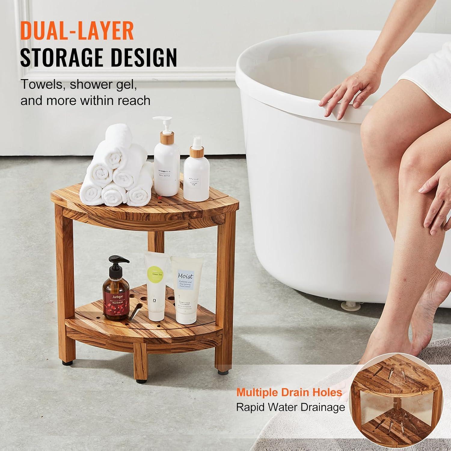 17" Teak Corner Shower Stool with Storage Shelf