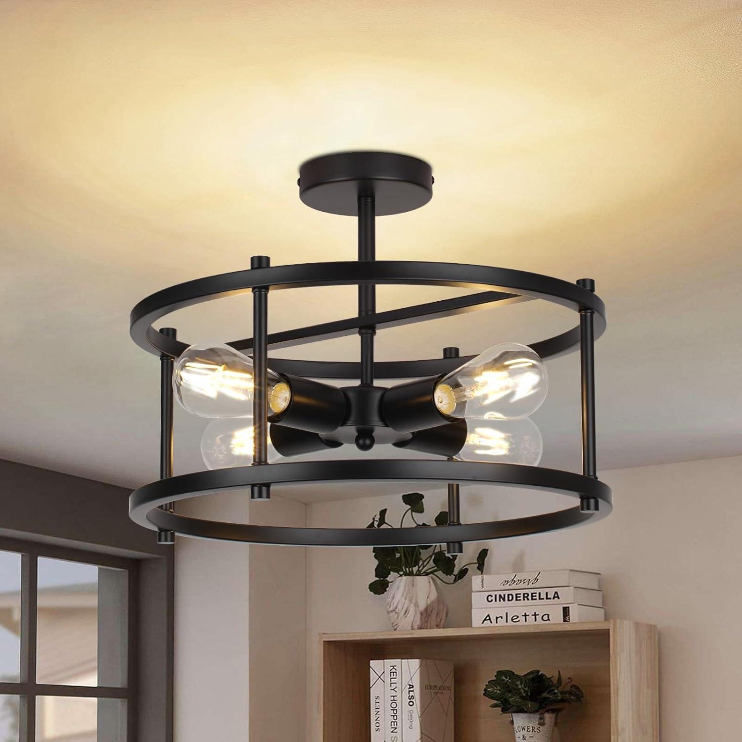 16.54'' Matte Black Metal Drum Semi-Flush Mount Ceiling Light