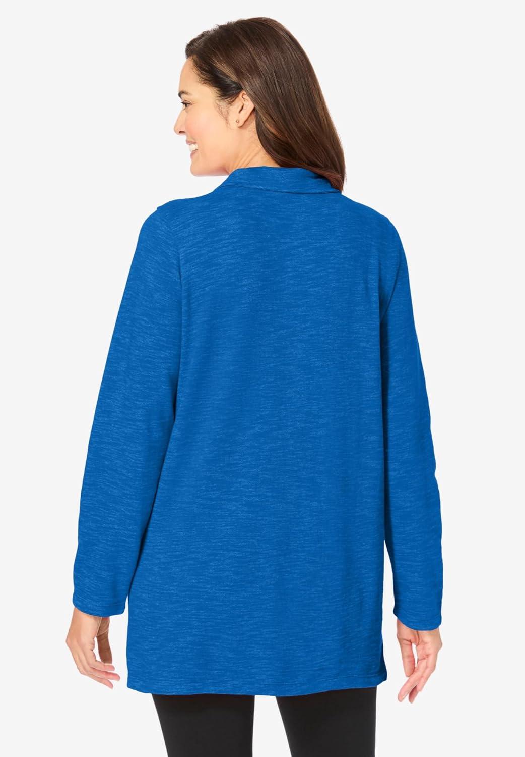 Woman Within Women's Plus Size French Terry Quarter-Zip Sweatshirt - 22/24, Bright Cobalt Marled