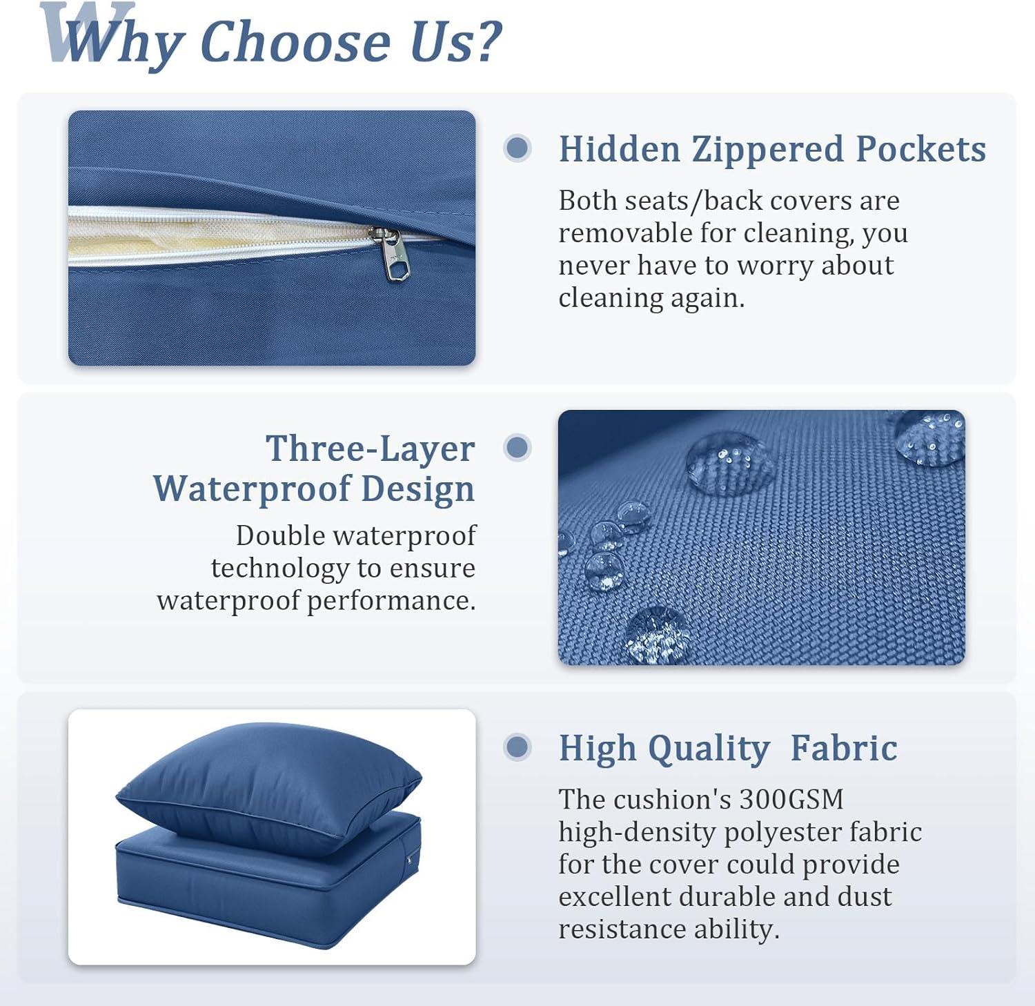 Outdoor Patio Chair Cushions Set 22 L X 22 W X 4 H Waterproof & Fade Resistant Deep Seat and Back Cushions with Removable Covers Outdoor Seat Cushion Set for Chairs and Sofas