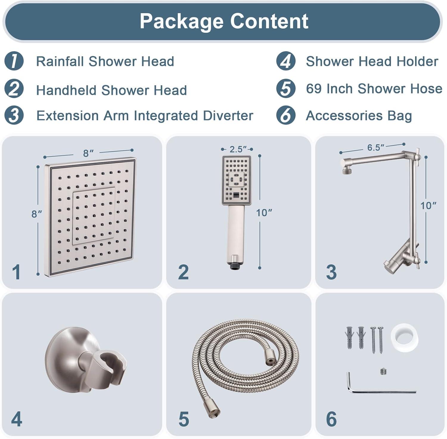 BRIGHT SHOWERS Rain Shower Head Combo, 8" Rainfall Shower with Handheld Spray, 60" Hose, 3-Way Diverter, Wall Bracket, Brushed Nickel