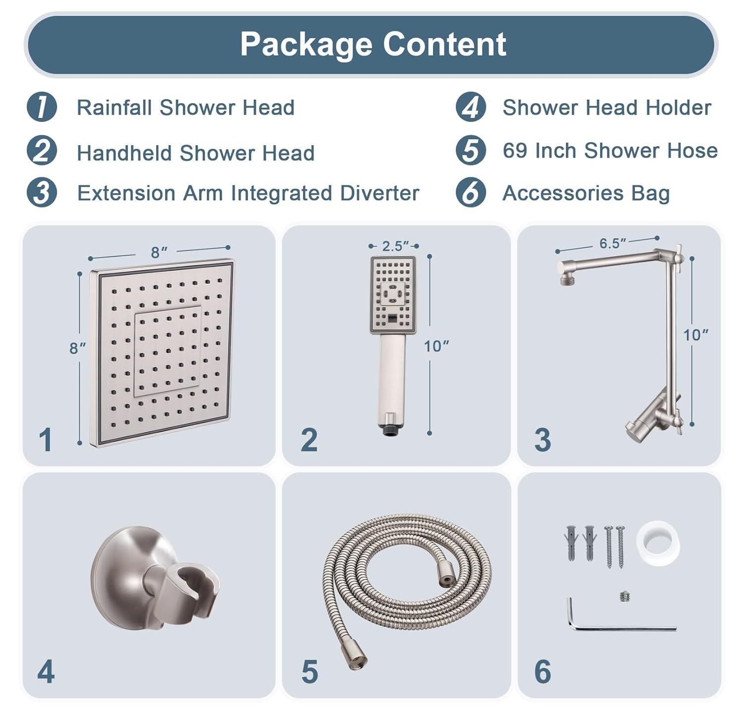 BRIGHT SHOWERS Rain Shower Head Combo, 8" Rainfall Shower with Handheld Spray, 60" Hose, 3-Way Diverter, Wall Bracket, Brushed Nickel