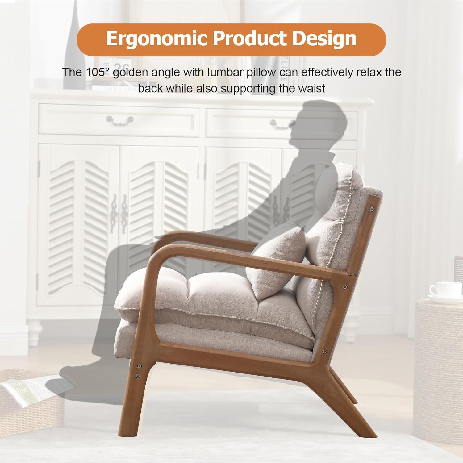 Karl home Accent Chairs Set of 2, Mid-Century Modern Chair with Pillow Upholstered Lounge Arm Chair with Solid Wood Frame & Soft Cushion for Living Room, Bedroom, Balcony, Beige