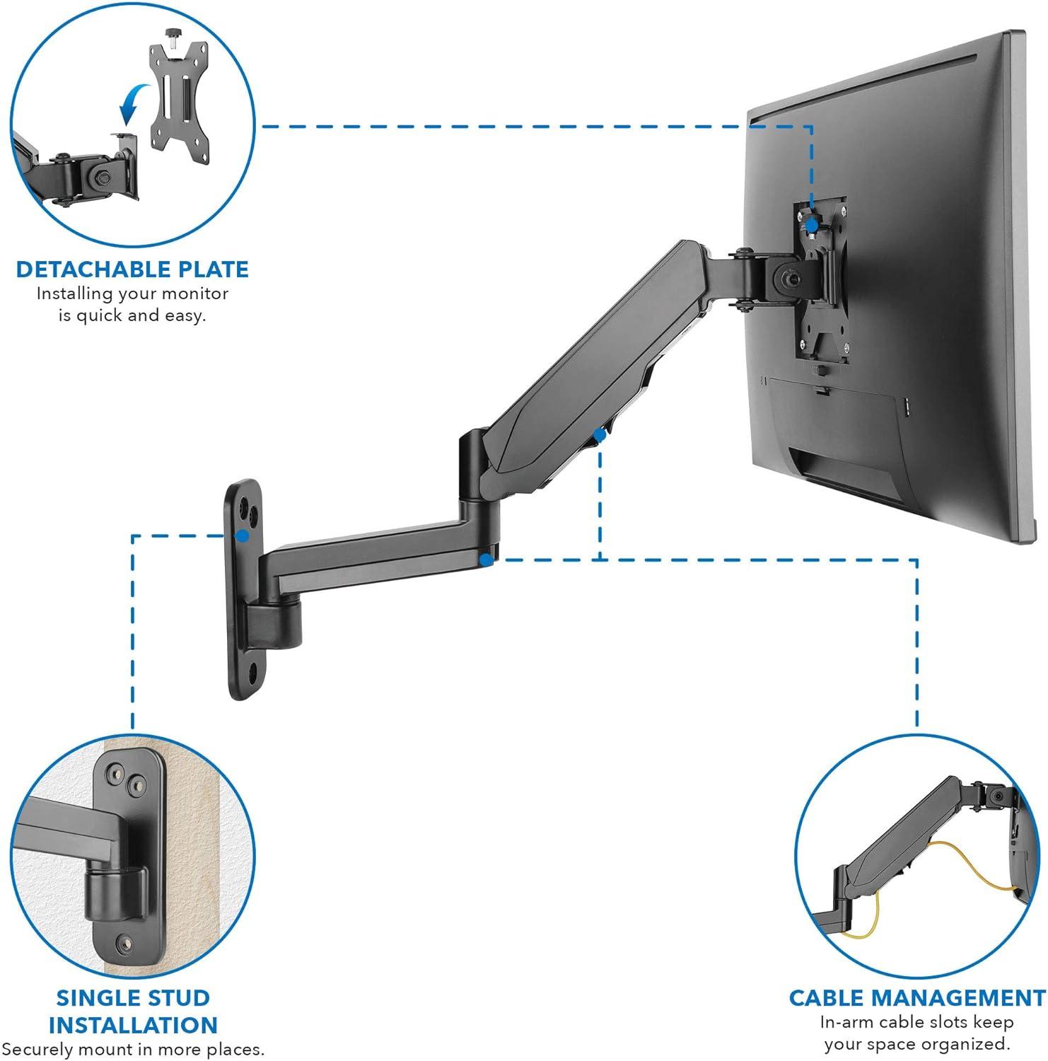 Mount-It! Single Monitor Wall Mount Arm | Height Adjustable Computer Bracket with Full Motion Gas Spring Arms | VESA 75 and 100 | Black