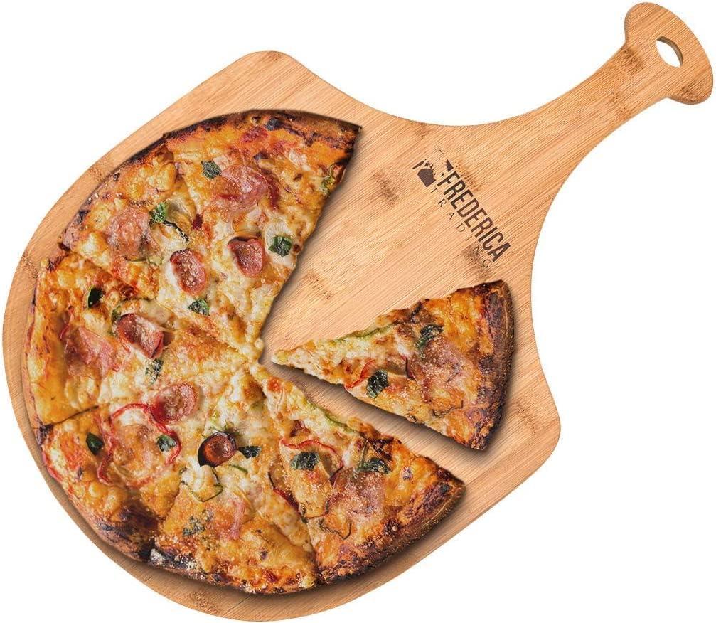 Frederica Trading Premium Bamboo Wooden Pizza Peel Paddle and Cutting Board with Handle for Baking Pizza, Bread, Cutting Fruit, Vegetables, Cheese Extra Large