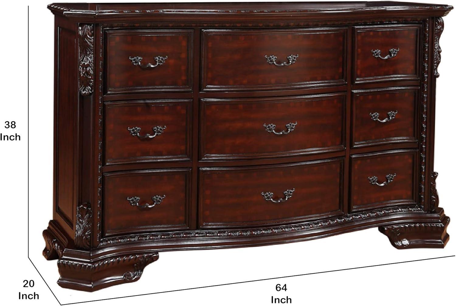 Benjara 9 Drawers Dresser with Engraved Details and Bracket Feet, Cherry Brown