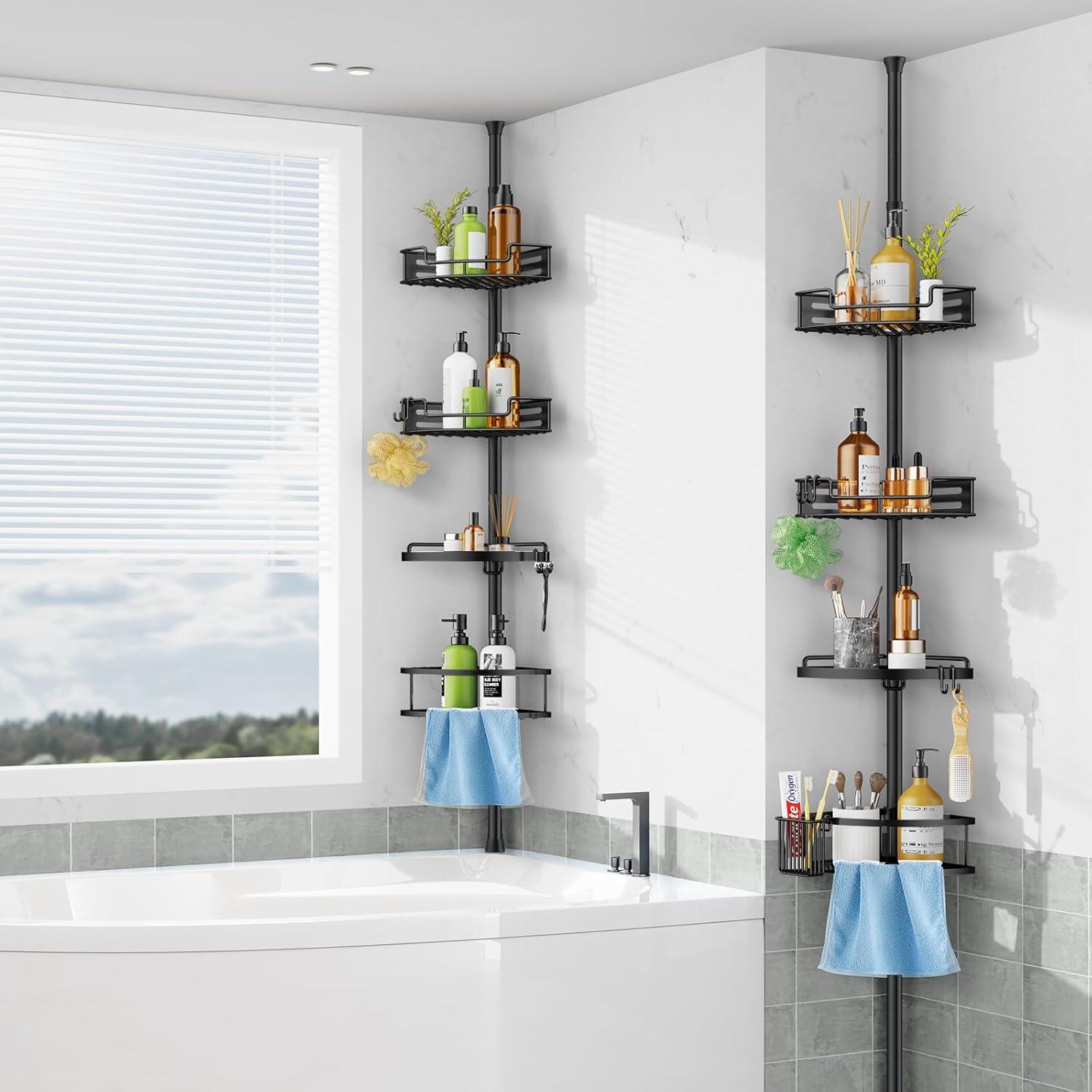 Black Stainless Steel 4-Tier Tension Mount Shower Caddy