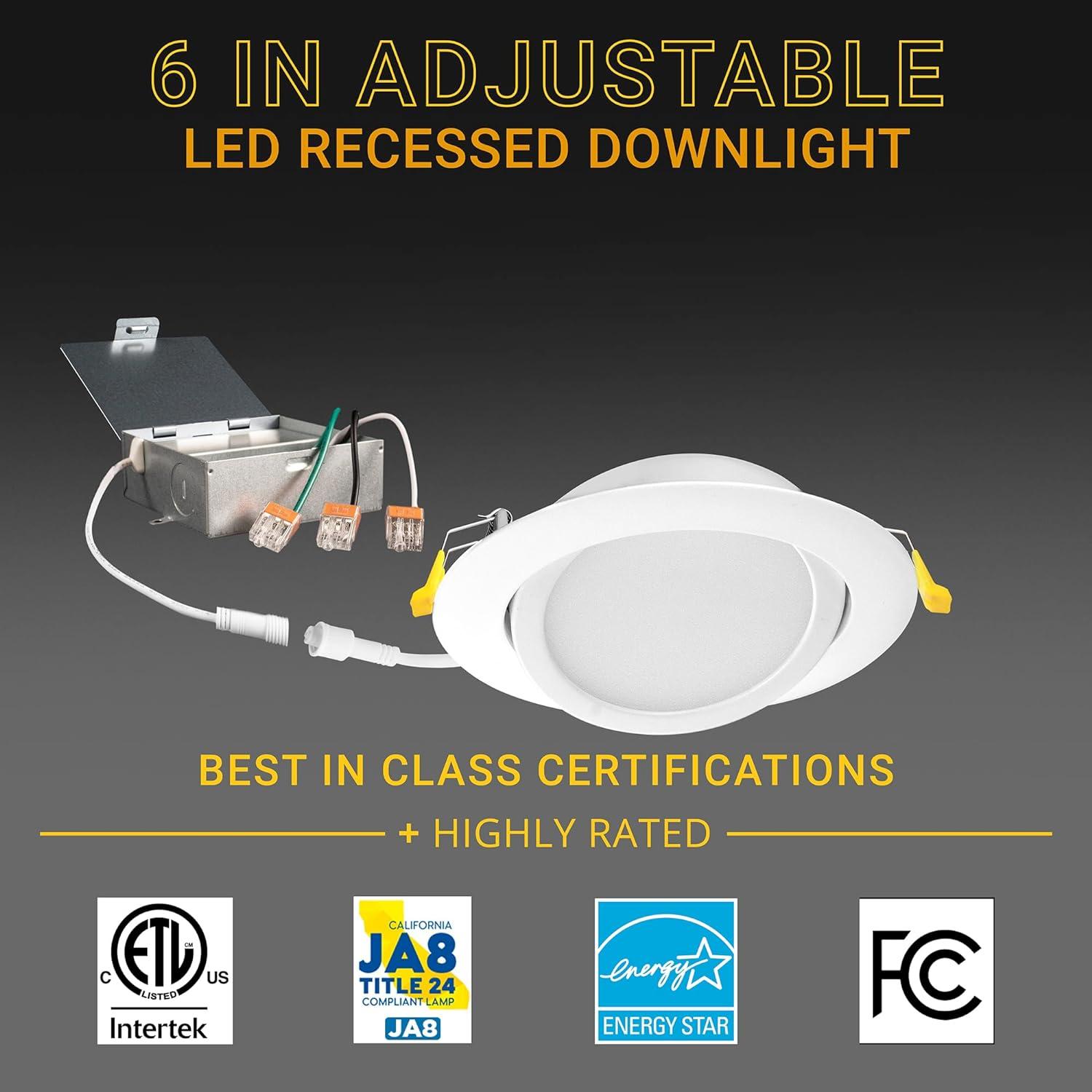 Adjustable Downlight 6'' Selectable Color Temperature Dimmable Air-Tight IC Rated LED Canless Recessed Lighting Kit