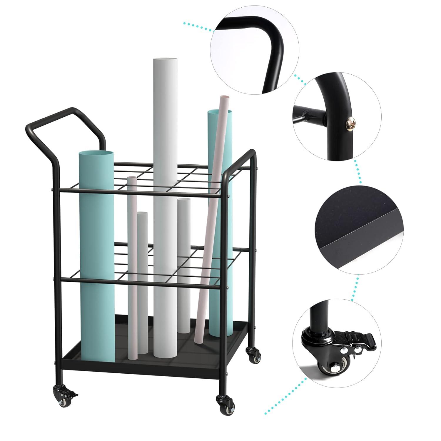 Blueprint Roll File Holder Storage - 12 Slots Rack Cart,Wire Bin Roll File, Made for Maps, Plans, Drawings, and Tubes, Yoga Mat and Gym Storage Rack Cart with Wheels,Files Sorter Poster Holder