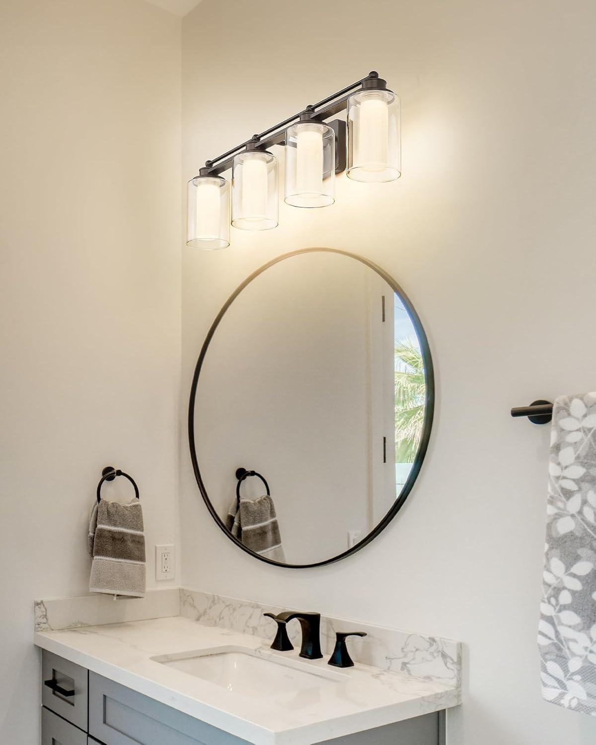 Bathroom Light Fixtures 4 Lights, HWH Oil Rubbed Bronze Bathroom Vanity Light Over Mirror with Clear Glass, 5CCT Dimmable 24W LED Vanity Lights, 5HLT63B-4W-LED ORB