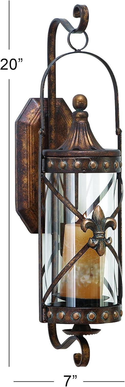 DecMode Bronze Metal Fleur De Lis Suspended Studded Wall Sconce with Scroll Details