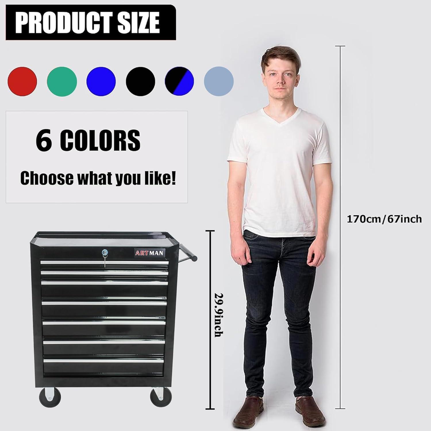 7 Drawer Tool Cart on Wheels, Tool Storage Cabinet with Key Lock, Versatile Rolling Tool Cart for Garages, Warehouses and Repair Shops, Black