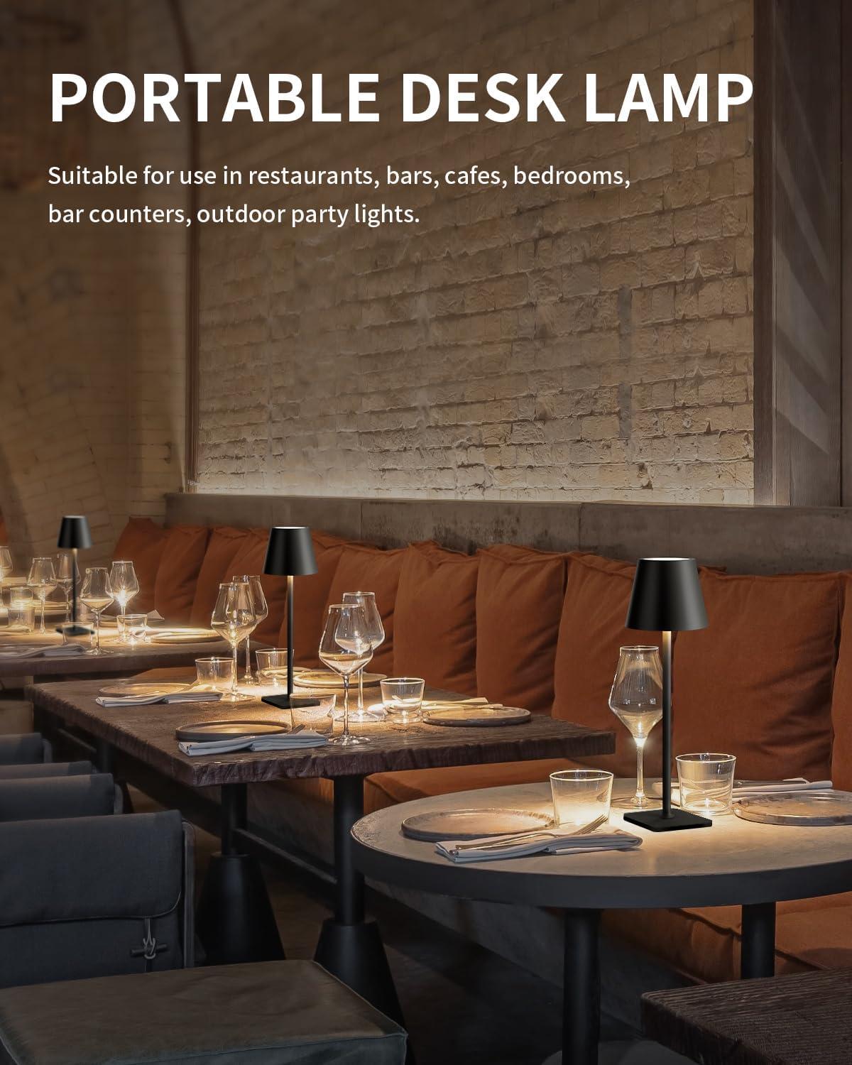 KDG 2 Pack Cordless Table Lamp,Portable LED Desk Lamp, 5000mAh Battery Operated, 3 Color Stepless Dimming Up, for Restaurant/Bedroom/Bars/Outdoor Party/Camping/Coffee Shop Night Light(Black)