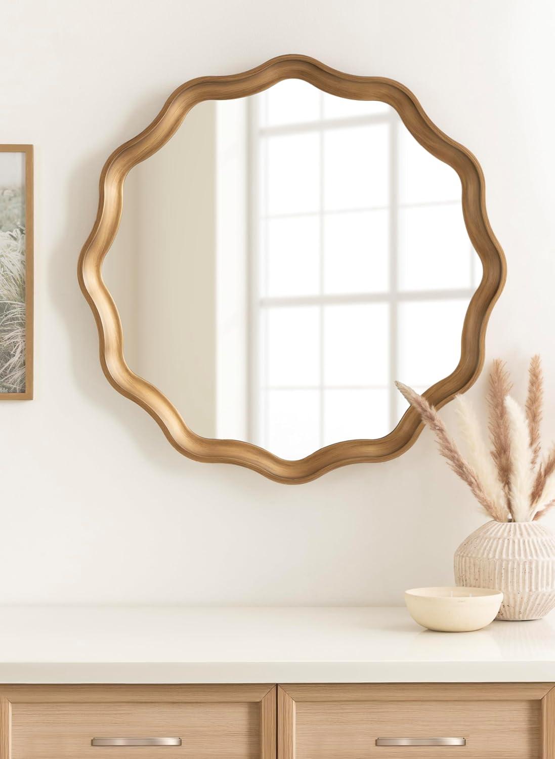 Kate and Laurel Hatherleigh Transitional Round Wooden Wall Mirror, 28 Inch Diameter, Gold, Modern Scalloped Wavy Wood Circle Mirror for Use in Bathroom, Entryway, or Bedroom