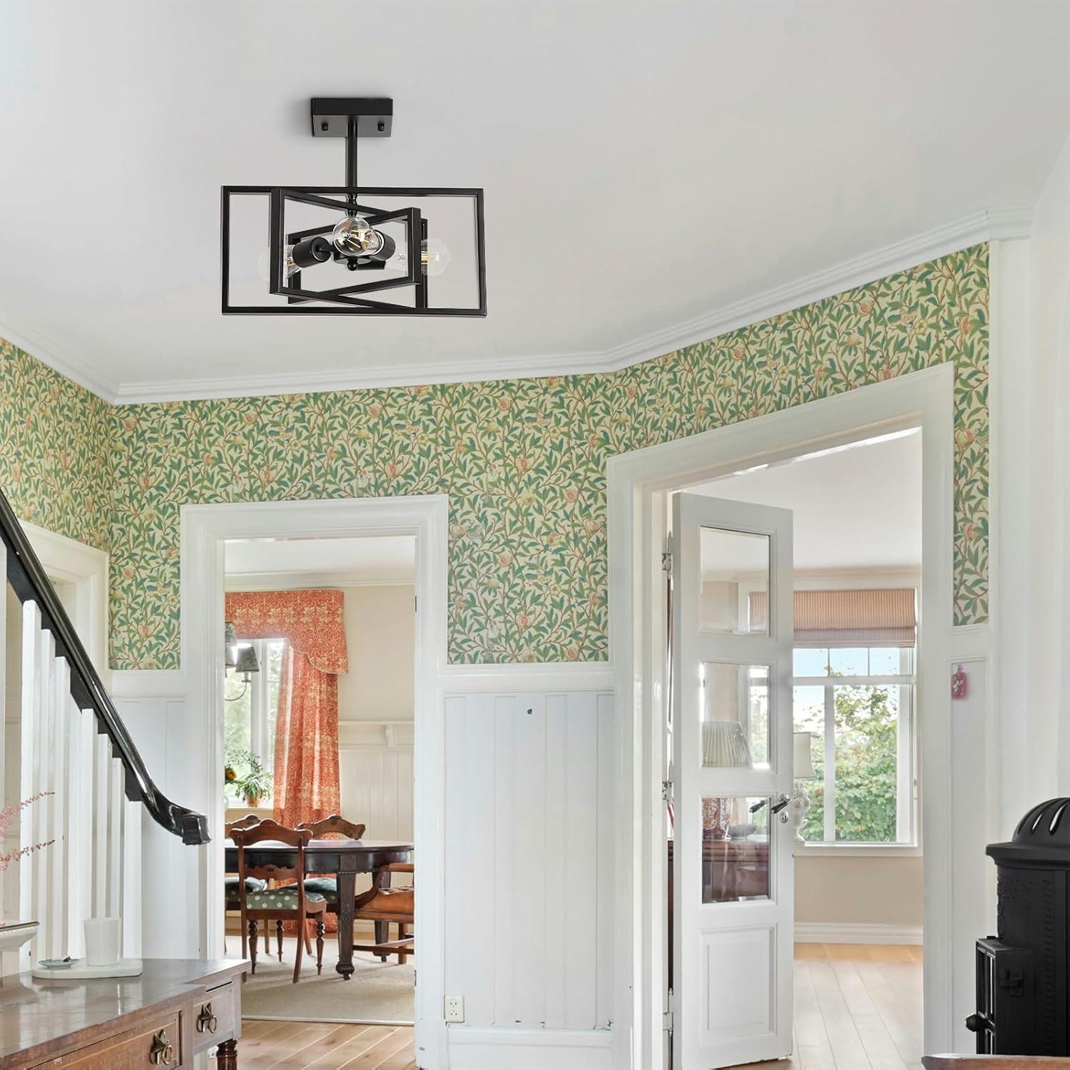 Black Semi Flush Mount Ceiling Light Fixture, 3-Light Modern Farmhouse Ceiling Light, Industrial Metal Chandelier Ceiling Lamp for Kitchen Entryway Bedroom Foyer Hallway, E26 Socket