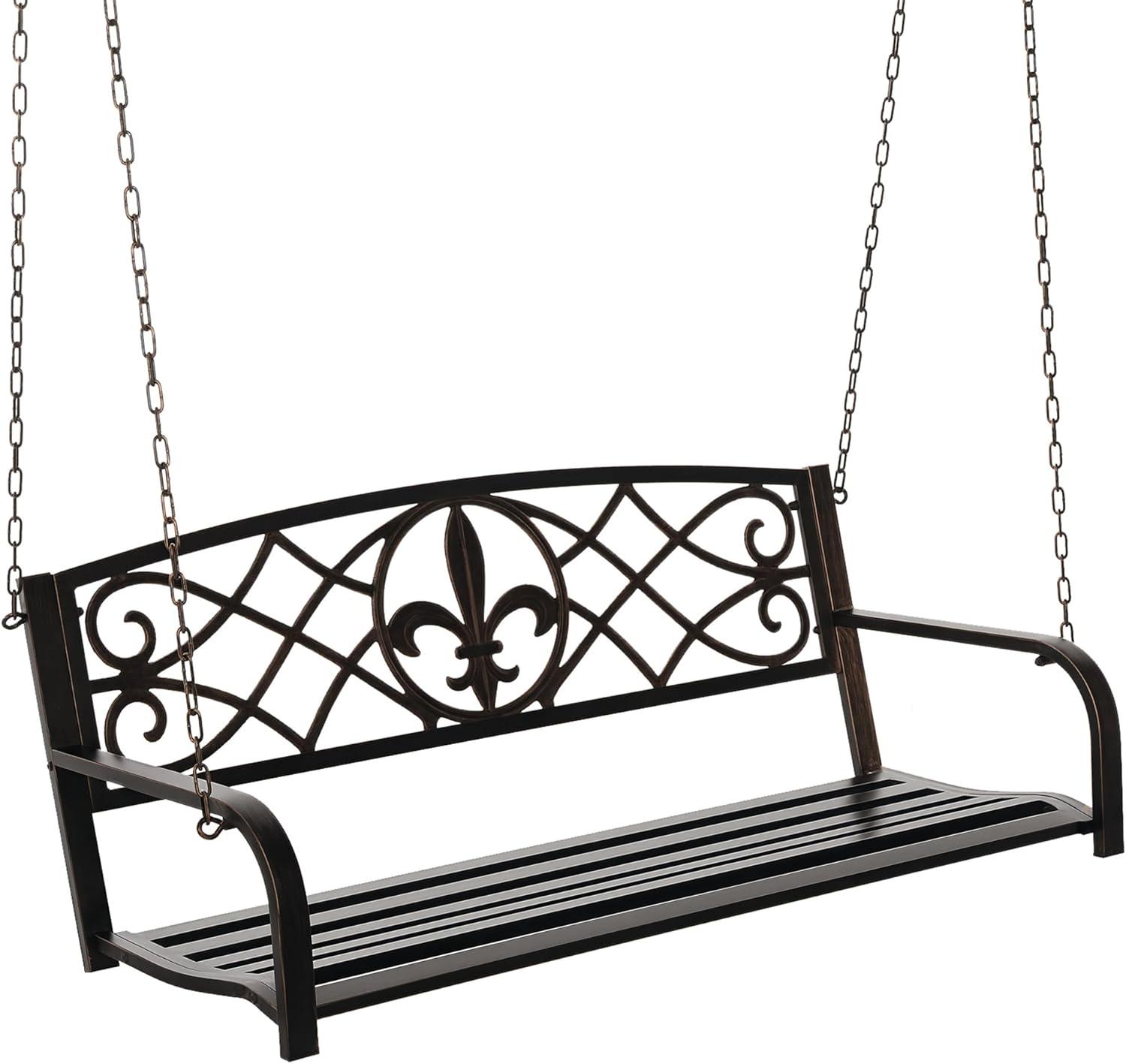 Outsunny 2-Person Porch Swing, Hanging Steel Patio Swing, Outdoor Swing Bench with Fleur-de-Lis Design for Garden Deck, 528 LBS Weight Capacity, Bronze