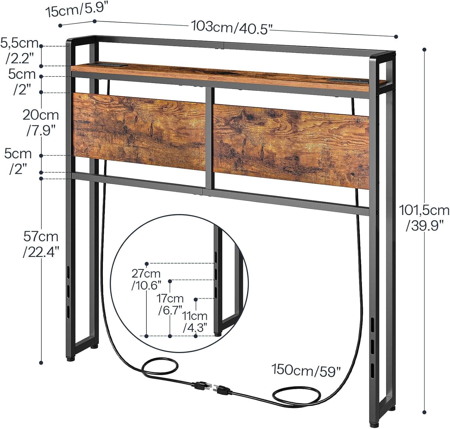 Full Size Headboard, Headboard with 2 Outlets, LED Lights and USB Ports, Adjustable Height, Storage Rack, Sturdy and Stable, Easy Assembly
