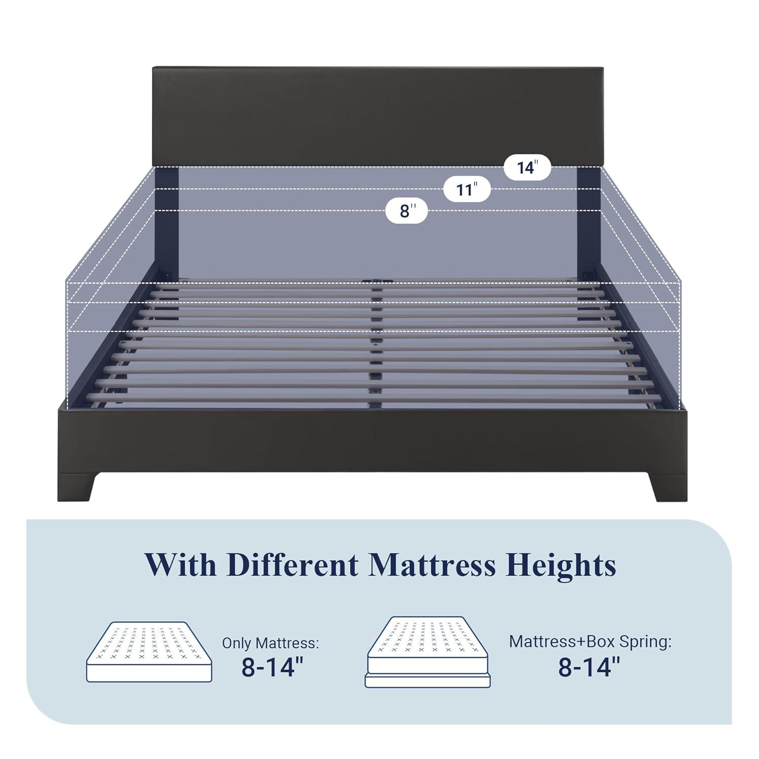 Killeryuki Full Size Bed Frame with Adjustable Headboard, Faux Leather Platform Bed with Wood Slats, Heavy Duty Mattress Foundation, No Box Spring Needed, Noise-Killeryuki, Easy Assembly, Black