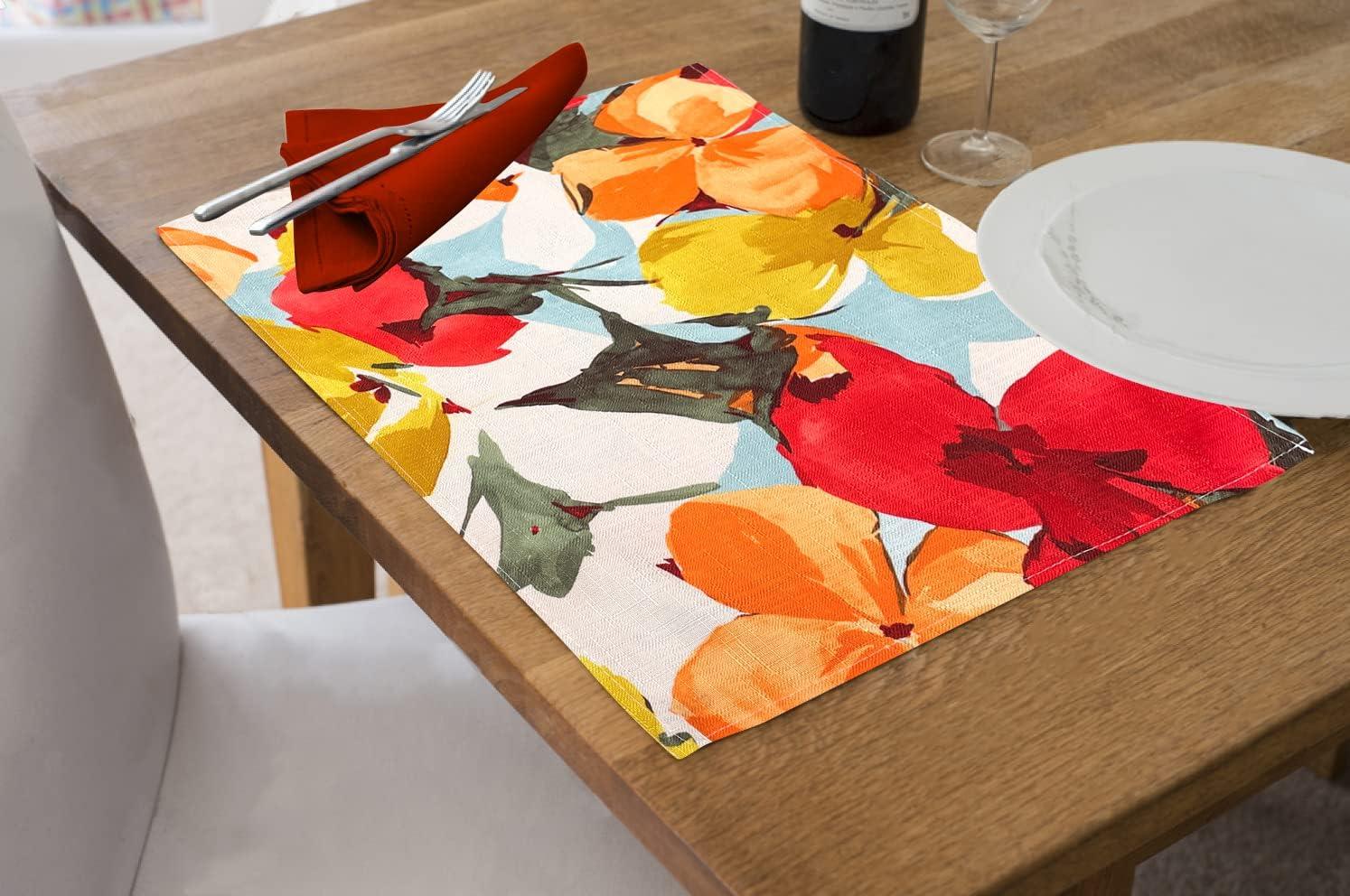 KOVOT Floral Placemat Set of 8 for Indoor or Outdoor Dining | Summer Spring Fall Flower Design 17" x 13" Table Decor | Orange/Yellow