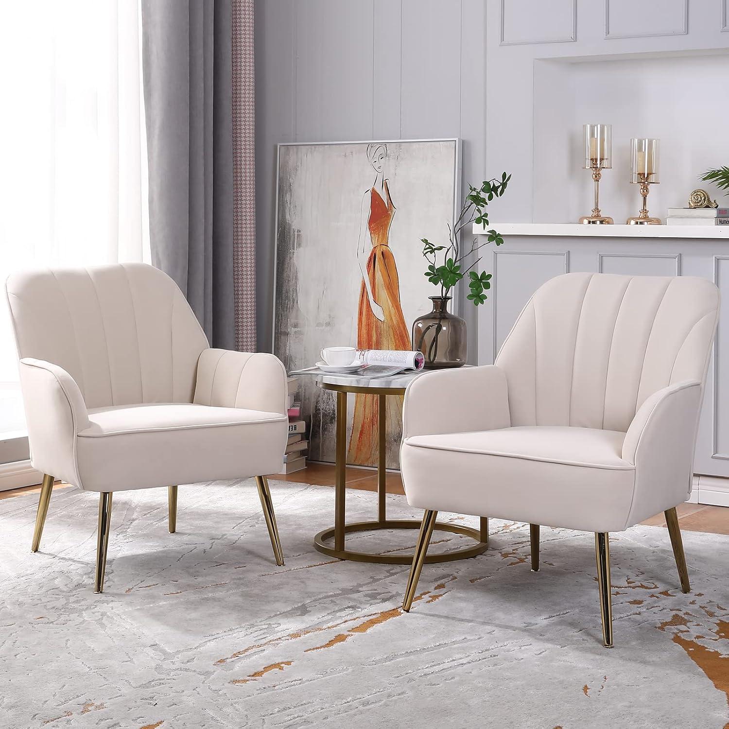 LUCKHAO  Accent Chair Set of 2,Modern Mid Century Velvet Sherpa Armchair,Comfy Arm Chair for Living Room Bedroom Office Waiting Room,Barrel Chairs