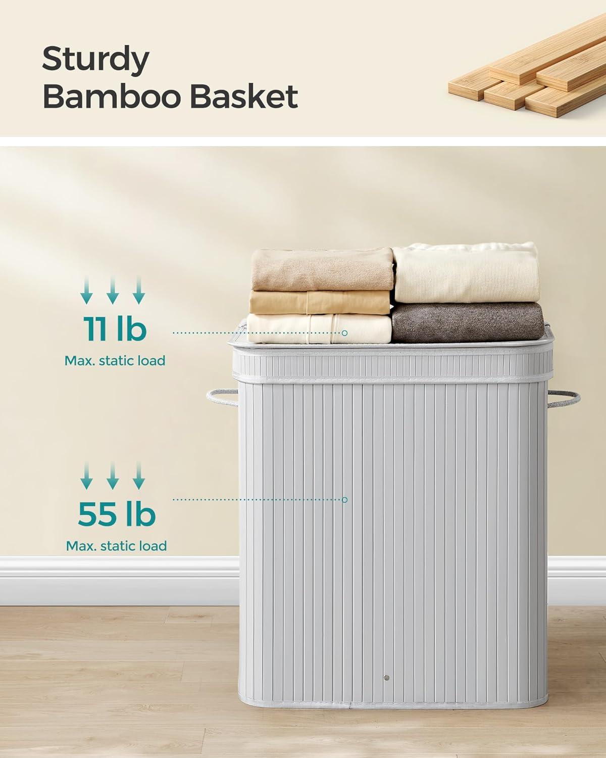 100L Laundry Hamper with Lid Bamboo Laundry Basket with Liner Bag Foldable Storage Hamper with Handles Gray