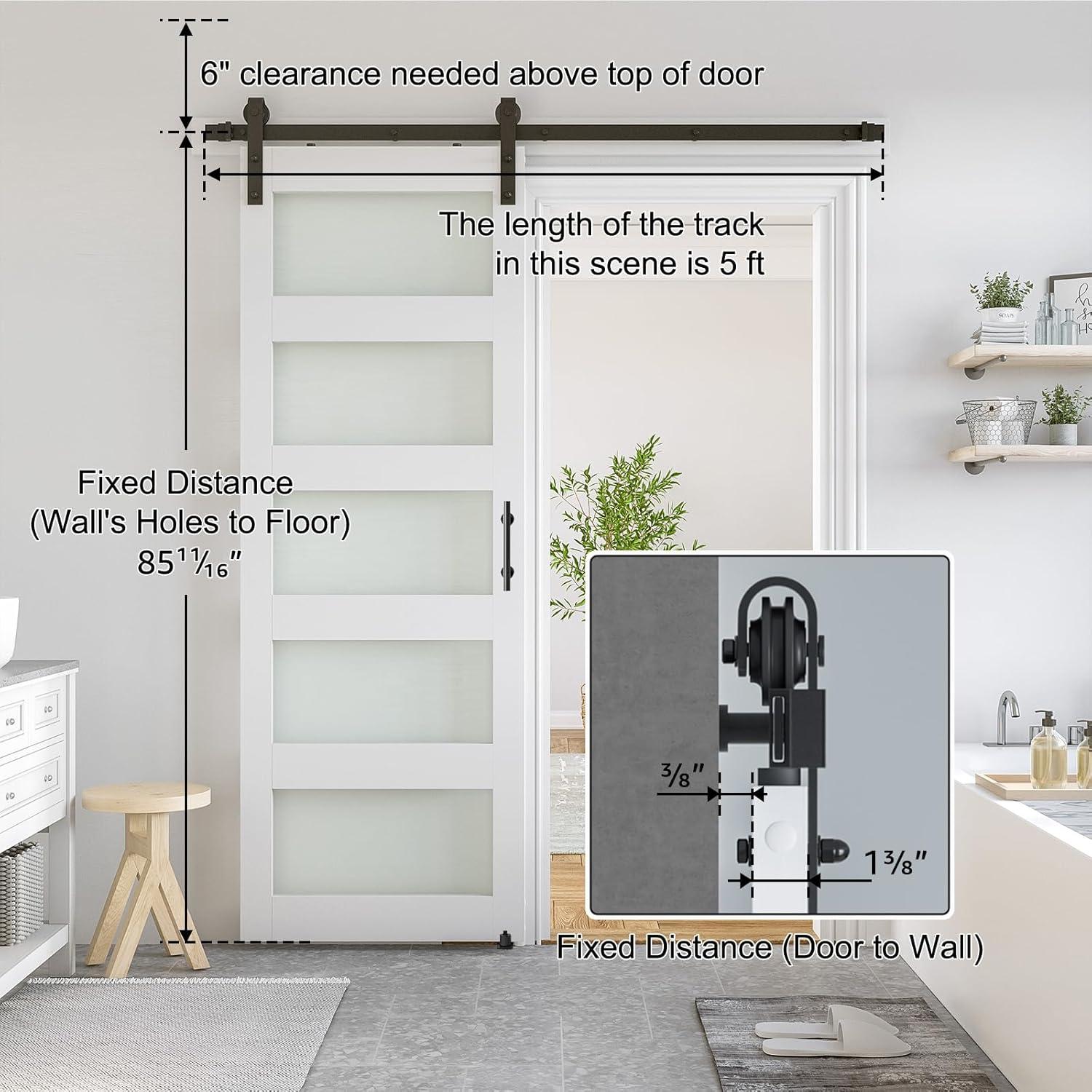 White 30x84 Frosted Glass 5-Panel Sliding Barn Door with Hardware Kit