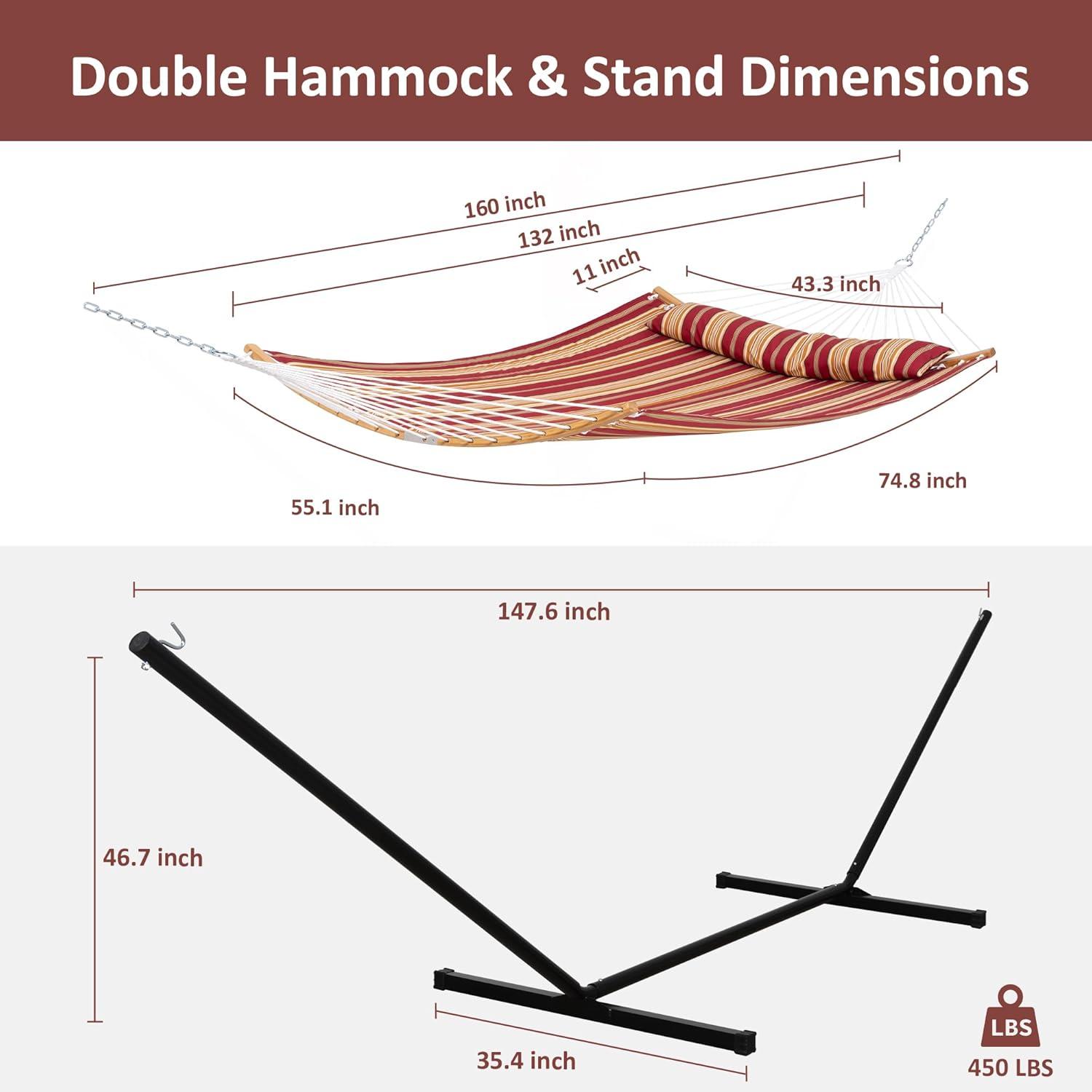 SUNCREAT Hammocks Portable Hammock with 12 ft Stand Included, Double Hammock with Curved Spreader Bar, Red Stripes