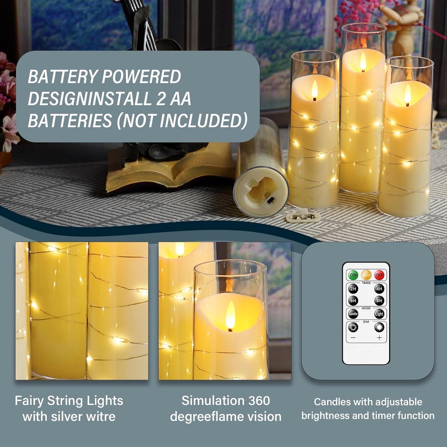 Flameless Candles with Embedded Star String, Battery Operated LED Pillar Candles with Timer and Remote Control,Home Decorating for Ambiance， Set of 9 (Ivory)