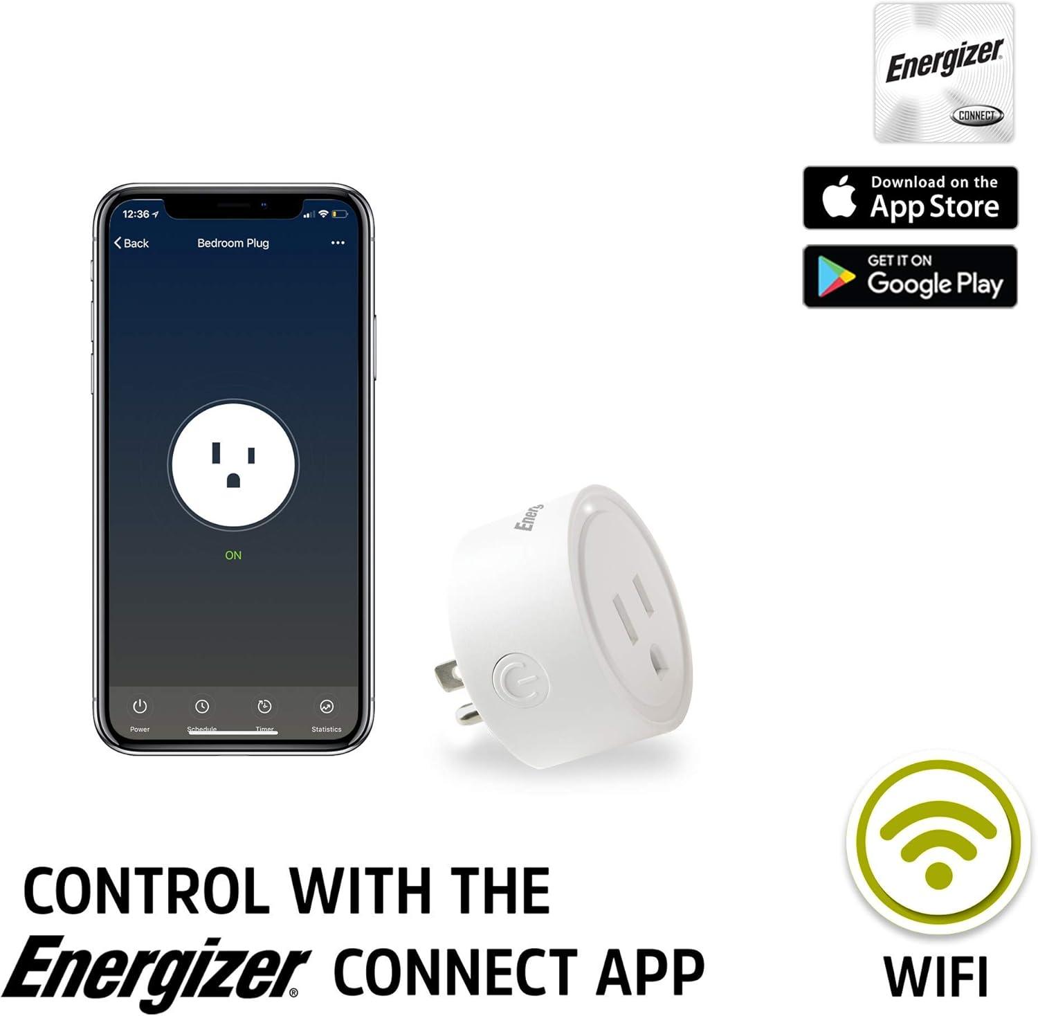Energizer Smart Wi-Fi 15 Amp Wall Outlet Plug, Voice Control, Remote Access, Mobile App