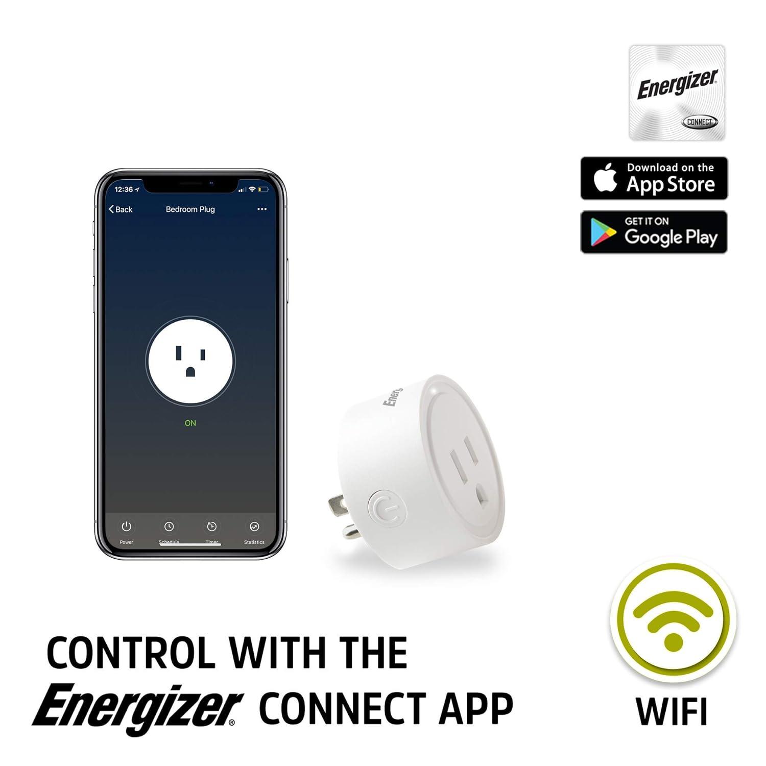 Energizer Smart Wi-Fi 15 Amp Wall Outlet Plug, Voice Control, Remote Access, Mobile App