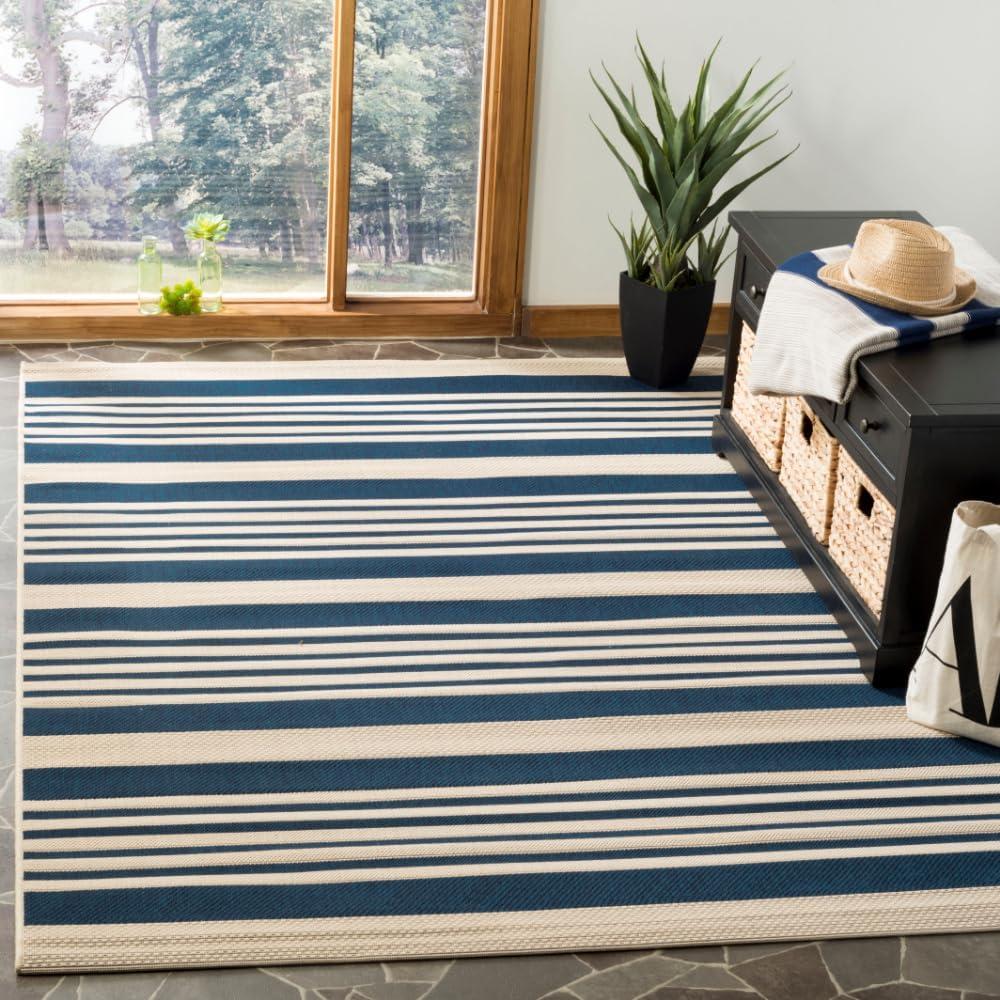 Navy and Beige Striped Indoor/Outdoor Synthetic Area Rug