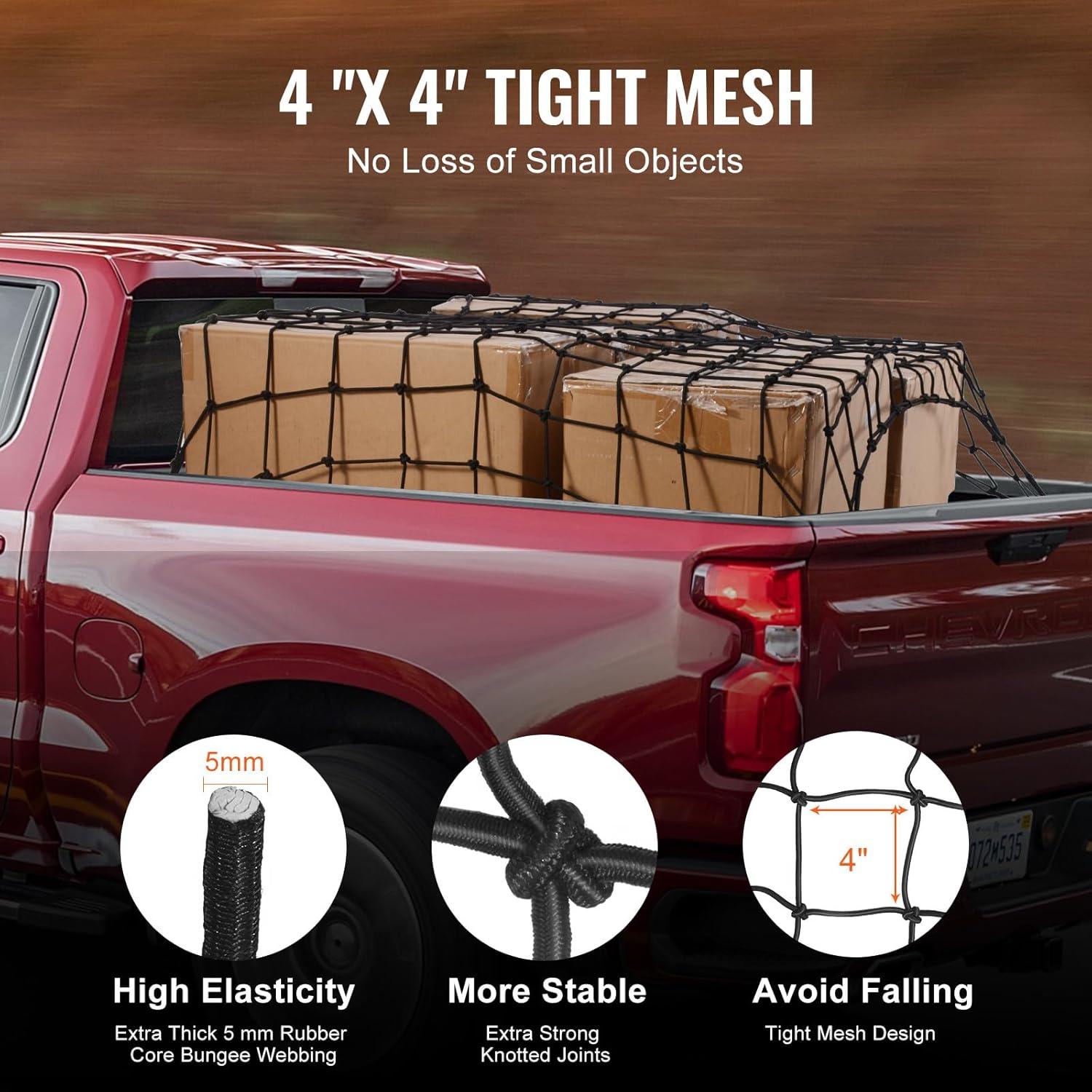 VEVOR Cargo Net for Pickup Truck Bed 4' x 6' Stretches to 7.2' x 10.8', Small 4"x4" Latex Bungee Net Mesh with 12 Steel D-Shaped Carabiners, Storage Bag, Suitable for Pickup, Jeep, SUV, Trailer