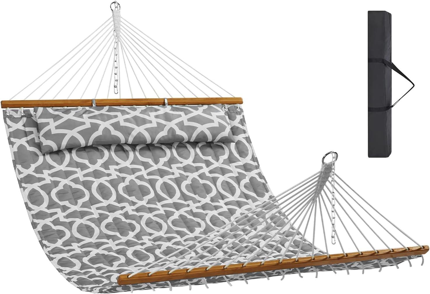 Double Quilted 12 FT Hammock for 2 Persons, Hardwood Spreader Bars, 480 lbs Capacity, with Detachable Pillow and Chains - Ideal for Outdoor Camping, Patio, Beach, and Yard Relaxation
