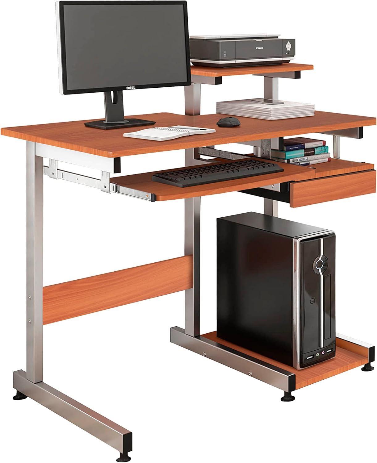 Heavy-Duty Woodgrain Computer Desk with Steel Frame and Keyboard Tray