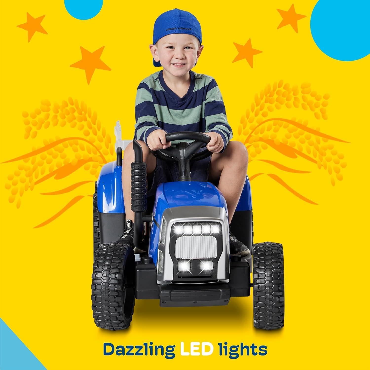 Kidzone 12V7AH Premium Version w/ EVA Treaded Tires Dual 35W Motors for 3+ Years Boys & Girls, Electric Tractor w/ Trailer Toddler Ride On Toy 3-Gear-Shift, 7-LED Lights Bluetooth, Dark Green