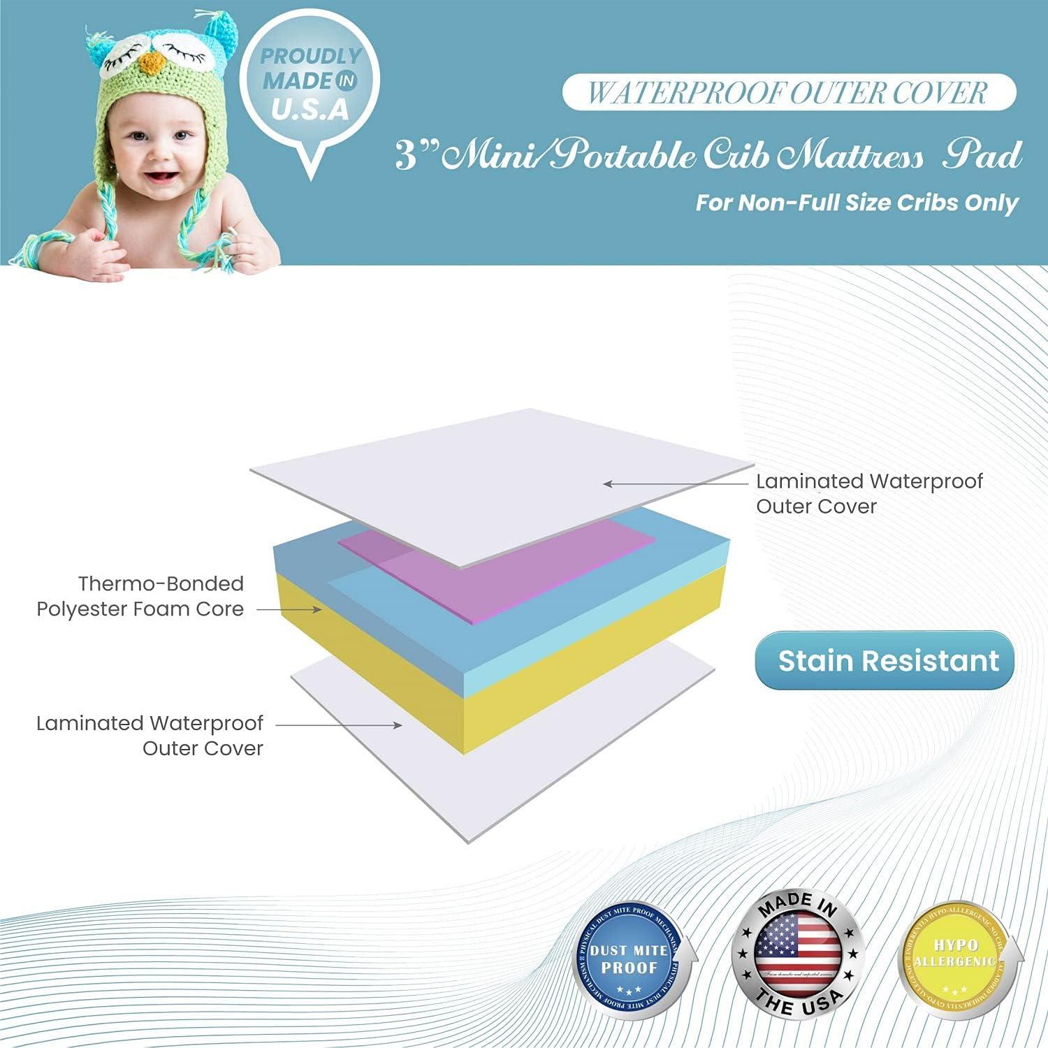 White Water Resistant Mini Crib Mattress Pad 3"