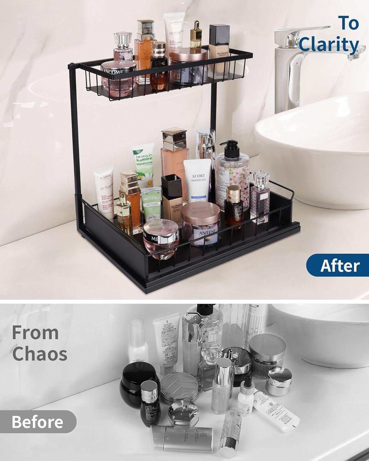 Sunnycome Under Sink Organizer,2 Tier L-shaped Sliding Pull-out Multi Purpose Cabinet Organizers for Bathroom Kitchen