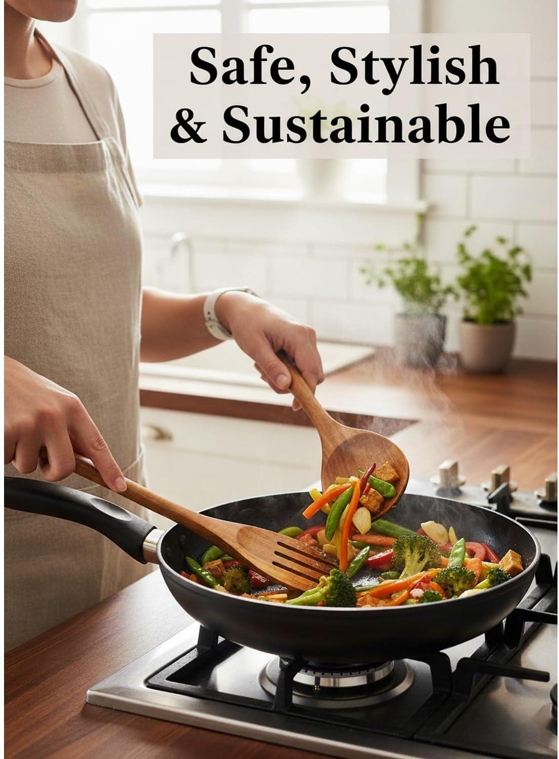 Wooden Spoons for Cooking, 10 Pcs Teak Wood Cooking Utensil Set ‚ Wooden Kitchen Utensils for Nonstick Pans & Cookware ‚ Sturdy, Lightweight & Heat Resistant