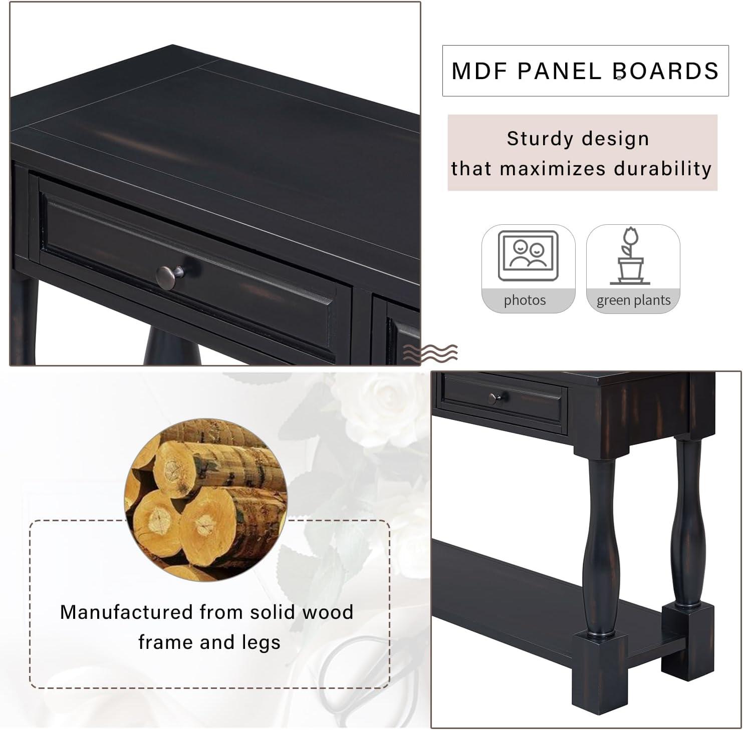 merax LUMISOL 64 inch Long Console Table with 3 Drawers and Bottom Shelf, Sofa Table Entryway Table for Hallway, Living Room, Easy Assembly (Distressed Black)