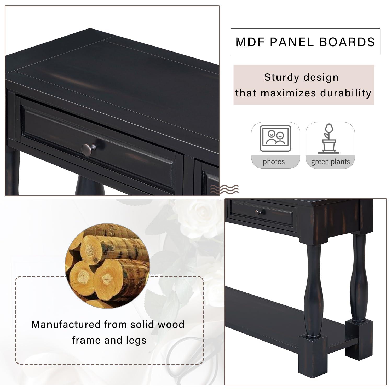 merax LUMISOL 64 inch Long Console Table with 3 Drawers and Bottom Shelf, Sofa Table Entryway Table for Hallway, Living Room, Easy Assembly (Distressed Black)